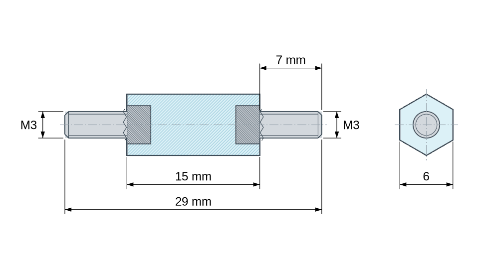 Plan coté : Entretoise isolante hexagonale filetée mâle/mâle plastique polystyrène insert acier M3 - 6 mm sur plats