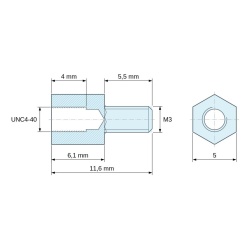 Plan coté 6,1 mm / 5,5 mm, Entretoise hexagonale filetée mâle/femelle acier inoxydable UNC4-40 / M3 - 5 mm sur plats