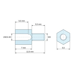 Plan coté 7 mm / 5,5 mm, Entretoise hexagonale filetée mâle/femelle acier inoxydable UNC4-40 / M3 - 5,5 mm sur plats