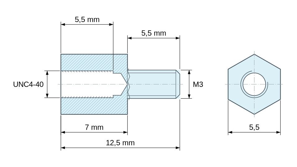 Plan coté Entretoise hexagonale filetée mâle/femelle acier inoxydable UNC4-40 / M3 - 5,5 mm sur plats