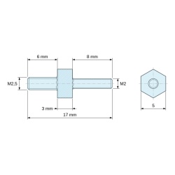 Plan coté 3 mm / 8 mm, Entretoise hexagonale filetée mâle/mâle acier inoxydable M2,5 / M2 - 5 mm sur plats, tiges 6 et 8 mm