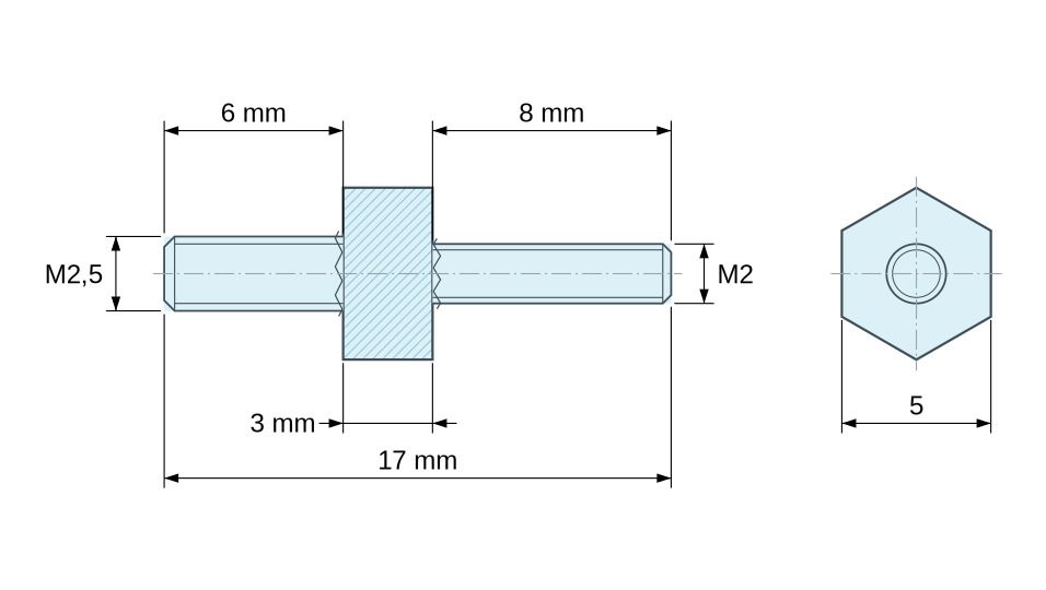 Plan coté Entretoise hexagonale filetée mâle/mâle acier inoxydable M2,5 / M2 - 5 mm sur plats, tiges 6 et 8 mm