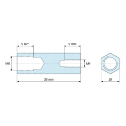 Plan coté 35 mm, Entretoise hexagonale filetée femelle/femelle laiton nickelé au plomb M8 / M4 - 10 mm sur plats