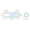 Plan coté 35 mm, Entretoise hexagonale filetée femelle/femelle laiton nickelé au plomb M8 / M4 - 10 mm sur plats