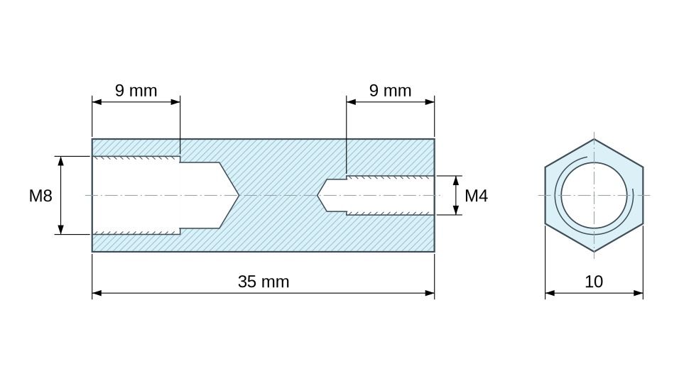 Plan coté Entretoise hexagonale filetée femelle/femelle laiton nickelé au plomb M8 / M4 - 10 mm sur plats Plan coté Entretoise hexagonale filetée femelle/femelle laiton nickelé au plomb M8 / M4 - 10 mm sur plats
