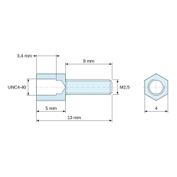 Plan coté 5 mm / 8 mm, Entretoise hexagonale filetée mâle/femelle laiton nickelé au plomb UNC4-40 / M2,5 - 4 mm sur plats