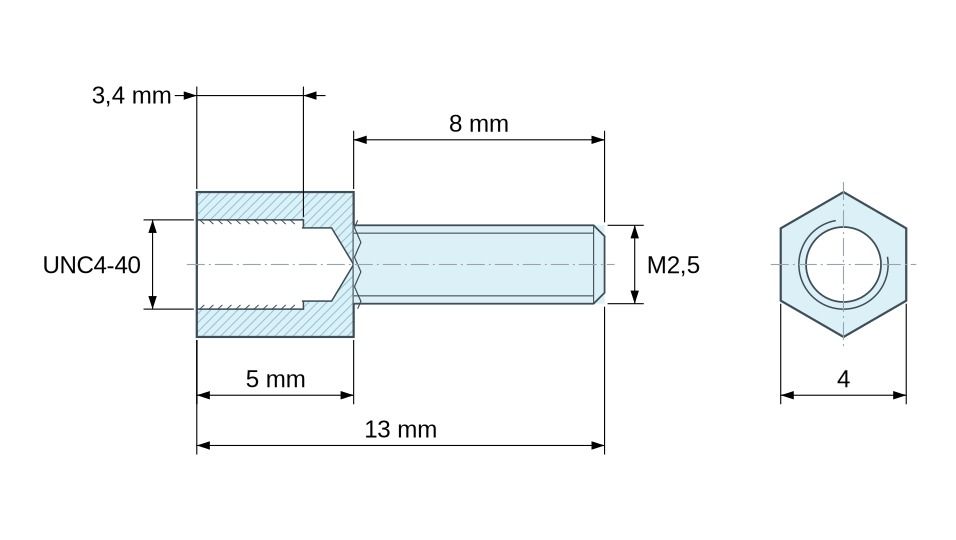 Plan coté Entretoise hexagonale filetée mâle/femelle laiton nickelé au plomb UNC4-40 / M2,5 - 4 mm sur plats Plan coté Entretoise hexagonale filetée mâle/femelle laiton nickelé au plomb UNC4-40 / M2,5 - 4 mm sur plats