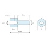 Plan coté 5 mm / 8 mm, Entretoise hexagonale filetée mâle/femelle laiton nickelé au plomb UNC4-40 / M3 - 5 mm sur plats