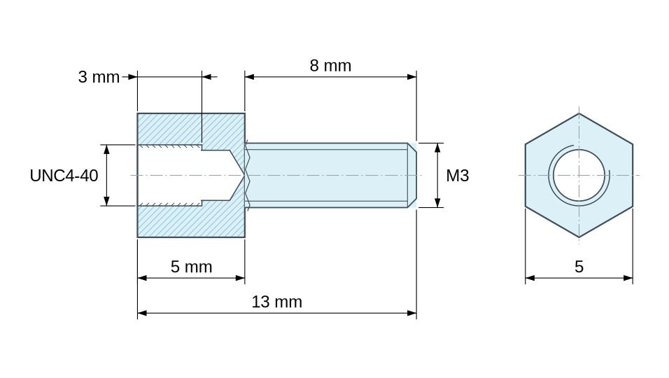 Plan coté Entretoise hexagonale filetée mâle/femelle laiton nickelé au plomb UNC4-40 / M3 - 5 mm sur plats Plan coté Entretoise hexagonale filetée mâle/femelle laiton nickelé au plomb UNC4-40 / M3 - 5 mm sur plats