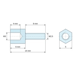 Plan coté 6 mm / 8 mm, Entretoise hexagonale filetée mâle/femelle plastique polyamide PA6.6 M3 / M2,5 - 5 mm sur plats