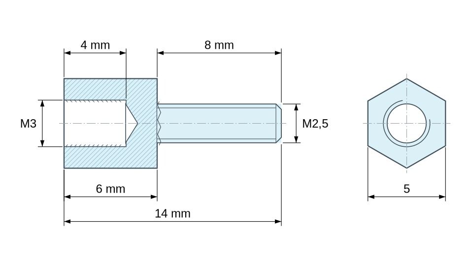 Plan coté Entretoise hexagonale filetée mâle/femelle plastique polyamide PA6.6 M3 / M2,5 - 5 mm sur plats