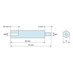 Plan coté 43 mm / 8 mm, Entretoise hexagonale filetée mâle/femelle plastique polyamide PA6.6 M3 / M4 - 8 mm sur plats