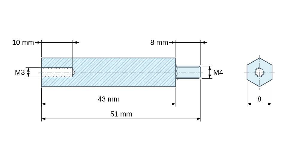 Plan coté Entretoise hexagonale filetée mâle/femelle plastique polyamide PA6.6 M3 / M4 - 8 mm sur plats Plan coté Entretoise hexagonale filetée mâle/femelle plastique polyamide PA6.6 M3 / M4 - 8 mm sur plats
