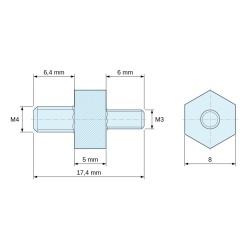 Plan coté 5 mm / 6,4 mm, Entretoise hexagonale filetée mâle/mâle plastique polyamide PA6.6 M4 / M3 - 8 mm sur plats, tiges 6,4 et 6 mm