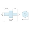 Plan coté 5 mm / 6,4 mm, Entretoise hexagonale filetée mâle/mâle plastique polyamide PA6.6 M4 / M3 - 8 mm sur plats, tiges 6,4 et 6 mm