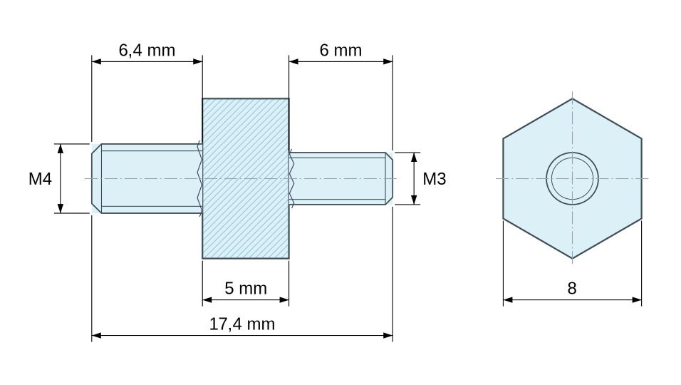Plan coté Entretoise hexagonale filetée mâle/mâle plastique polyamide PA6.6 M4 / M3 - 8 mm sur plats, tiges 6,4 et 6 mm