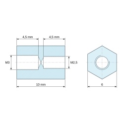 Plan coté 10 mm, Entretoise hexagonale filetée femelle/femelle plastique polyamide PA6 renforcé fibre de verre M3 / M2,5 - 6 mm sur plats
