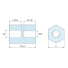 Plan coté 10 mm, Entretoise hexagonale filetée femelle/femelle plastique polyamide PA6 renforcé fibre de verre M3 / M2,5 - 6 mm sur plats