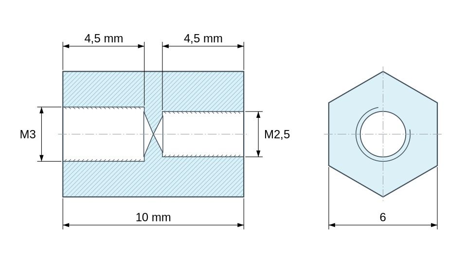 Plan coté Entretoise hexagonale filetée femelle/femelle plastique polyamide PA6 renforcé fibre de verre M3 / M2,5 - 6 mm sur plats Plan coté Entretoise hexagonale filetée femelle/femelle plastique polyamide PA6 renforcé fibre de verre M3 / M2,5 - 6 mm sur plats
