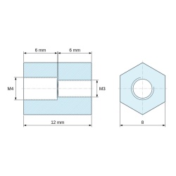 Plan coté 12 mm, Entretoise hexagonale filetée femelle/femelle plastique polyamide PA6 renforcé fibre de verre M4 / M3 - 8 mm sur plats