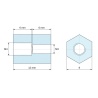 Plan coté 12 mm, Entretoise hexagonale filetée femelle/femelle plastique polyamide PA6 renforcé fibre de verre M4 / M3 - 8 mm sur plats