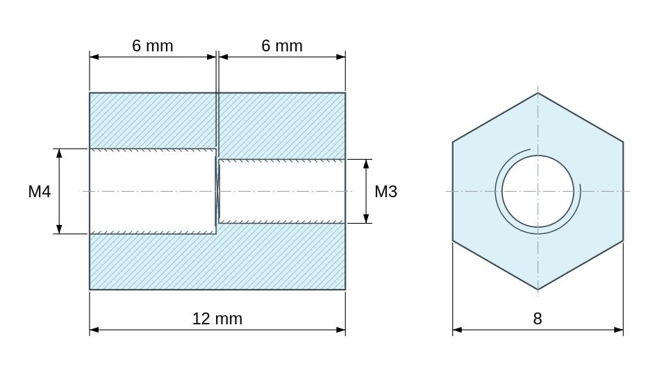 Plan coté Entretoise hexagonale filetée femelle/femelle plastique polyamide PA6 renforcé fibre de verre M4 / M3 - 8 mm sur plats
