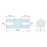 Plan coté 30 mm, Entretoise hexagonale filetée femelle/femelle plastique polyamide PA6 renforcé fibre de verre M5 / M4 - 10 mm sur plats