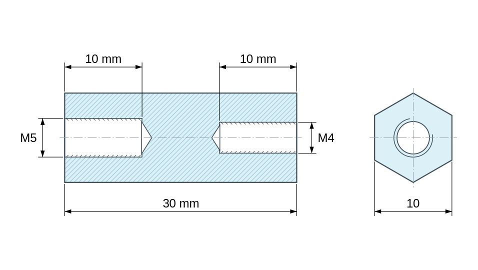 Plan coté Entretoise hexagonale filetée femelle/femelle plastique polyamide PA6 renforcé fibre de verre M5 / M4 - 10 mm sur plats Plan coté Entretoise hexagonale filetée femelle/femelle plastique polyamide PA6 renforcé fibre de verre M5 / M4 - 10 mm sur plats
