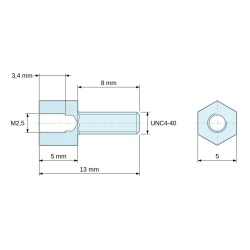 Plan coté 5 mm / 8 mm, Entretoise hexagonale filetée mâle/femelle acier zingué M2,5 / UNC4-40 - 5 mm sur plats