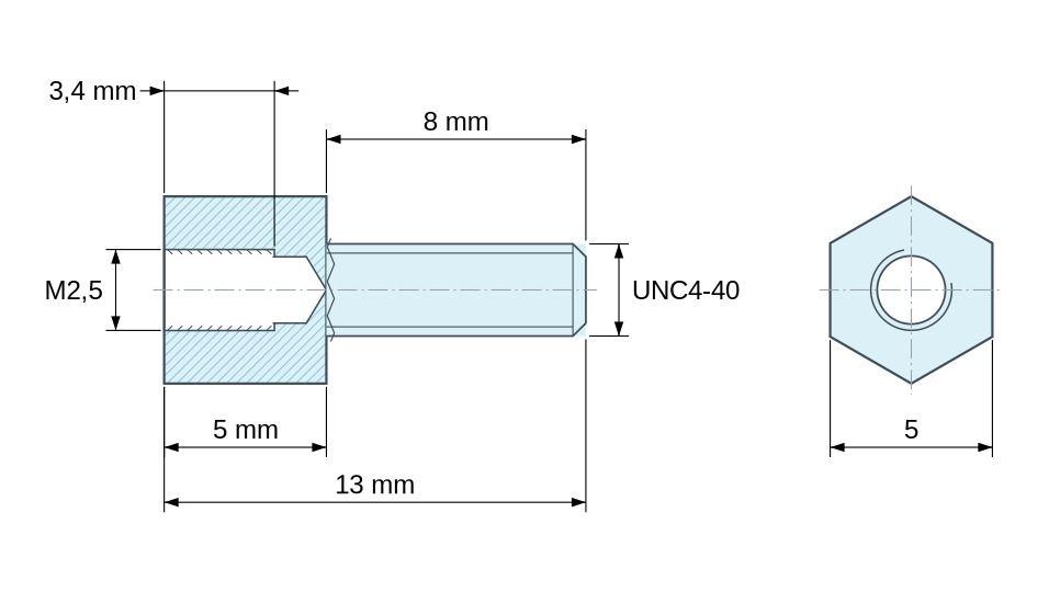 Plan coté Entretoise hexagonale filetée mâle/femelle acier zingué M2,5 / UNC4-40 - 5 mm sur plats