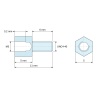 Plan coté 5 mm / 6 mm, Entretoise hexagonale filetée mâle/femelle acier zingué bleu M3 / UNC4-40 - 5 mm sur plats