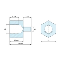 Plan coté 12 mm / 7 mm, Entretoise hexagonale filetée mâle/femelle acier zingué M8 / M4 - 13 mm sur plats