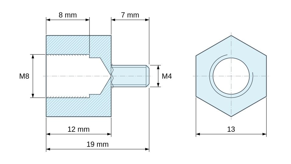 Plan coté Entretoise hexagonale filetée mâle/femelle acier zingué M8 / M4 - 13 mm sur plats