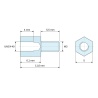 Plan coté 6,1 mm / 5,5 mm, Entretoise hexagonale filetée mâle/femelle acier zingué bleu UNC4-40 / M3 - 5 mm sur plats