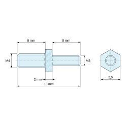 Plan coté 2 mm / 8 mm, Entretoise hexagonale filetée mâle/mâle acier zingué bleu M4 / M3 - 5,5 mm sur plats