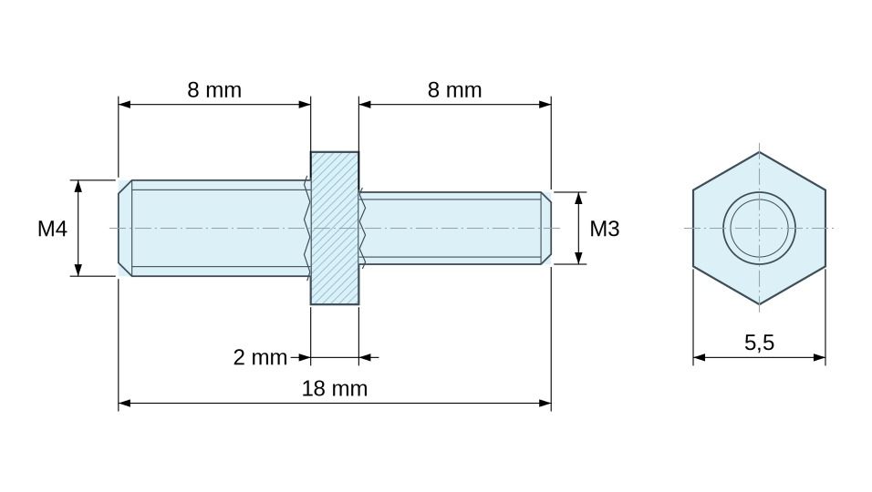 Plan coté Entretoise hexagonale filetée mâle/mâle acier zingué bleu M4 / M3 - 5,5 mm sur plats