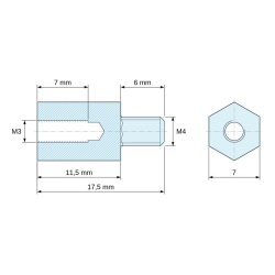 Plan coté 11,5 mm / 6 mm, Entretoise hexagonale filetée mâle/femelle acier zingué jaune M3 / M4 - 7 mm sur plats