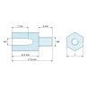Plan coté 11,5 mm / 6 mm, Entretoise hexagonale filetée mâle/femelle acier zingué jaune M3 / M4 - 7 mm sur plats