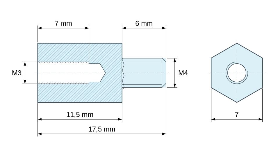 Plan coté Entretoise hexagonale filetée mâle/femelle acier zingué jaune M3 / M4 - 7 mm sur plats