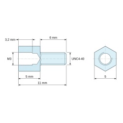 Plan coté 5 mm / 6 mm, Entretoise hexagonale filetée mâle/femelle acier zingué jaune M3 / UNC4-40 - 5 mm sur plats