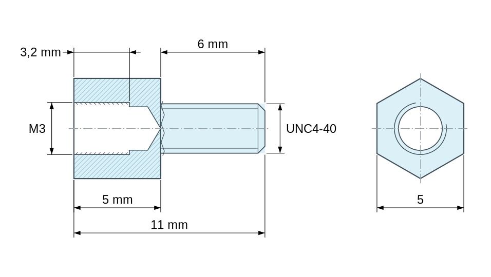 Plan coté Entretoise hexagonale filetée mâle/femelle acier zingué jaune M3 / UNC4-40 - 5 mm sur plats Plan coté Entretoise hexagonale filetée mâle/femelle acier zingué jaune M3 / UNC4-40 - 5 mm sur plats