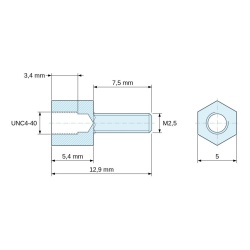 Plan coté 5,4 mm / 7,5 mm, Entretoise hexagonale filetée mâle/femelle acier zingué jaune UNC4-40 / M2,5 - 5 mm sur plats