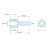 Plan coté 5,4 mm / 7,5 mm, Entretoise hexagonale filetée mâle/femelle acier zingué jaune UNC4-40 / M2,5 - 5 mm sur plats