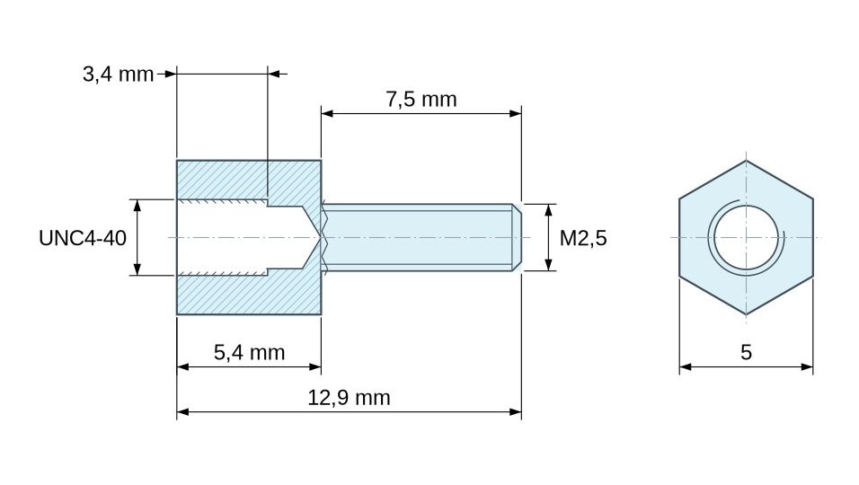 Plan coté Entretoise hexagonale filetée mâle/femelle acier zingué jaune UNC4-40 / M2,5 - 5 mm sur plats