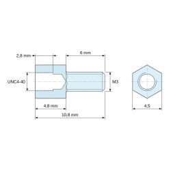 Plan coté 4,8 mm / 6 mm, Entretoise hexagonale filetée mâle/femelle acier zingué jaune UNC4-40 / M3 - 4,5 mm sur plats