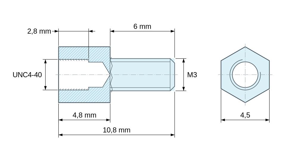 Plan coté Entretoise hexagonale filetée mâle/femelle acier zingué jaune UNC4-40 / M3 - 4,5 mm sur plats