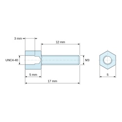 Plan coté 5 mm / 12 mm, Entretoise hexagonale filetée mâle/femelle acier zingué jaune UNC4-40 / M3 - 5 mm sur plats