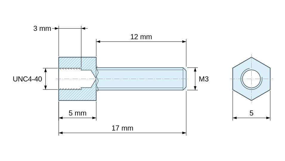 Plan coté Entretoise hexagonale filetée mâle/femelle acier zingué jaune UNC4-40 / M3 - 5 mm sur plats