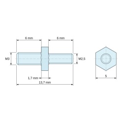 Plan coté 1,7 mm / 6 mm, Entretoise hexagonale filetée mâle/mâle acier zingué jaune M3 / M2,5 - 5 mm sur plats