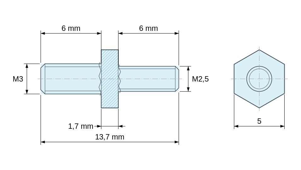 Plan coté Entretoise hexagonale filetée mâle/mâle acier zingué jaune M3 / M2,5 - 5 mm sur plats Plan coté Entretoise hexagonale filetée mâle/mâle acier zingué jaune M3 / M2,5 - 5 mm sur plats